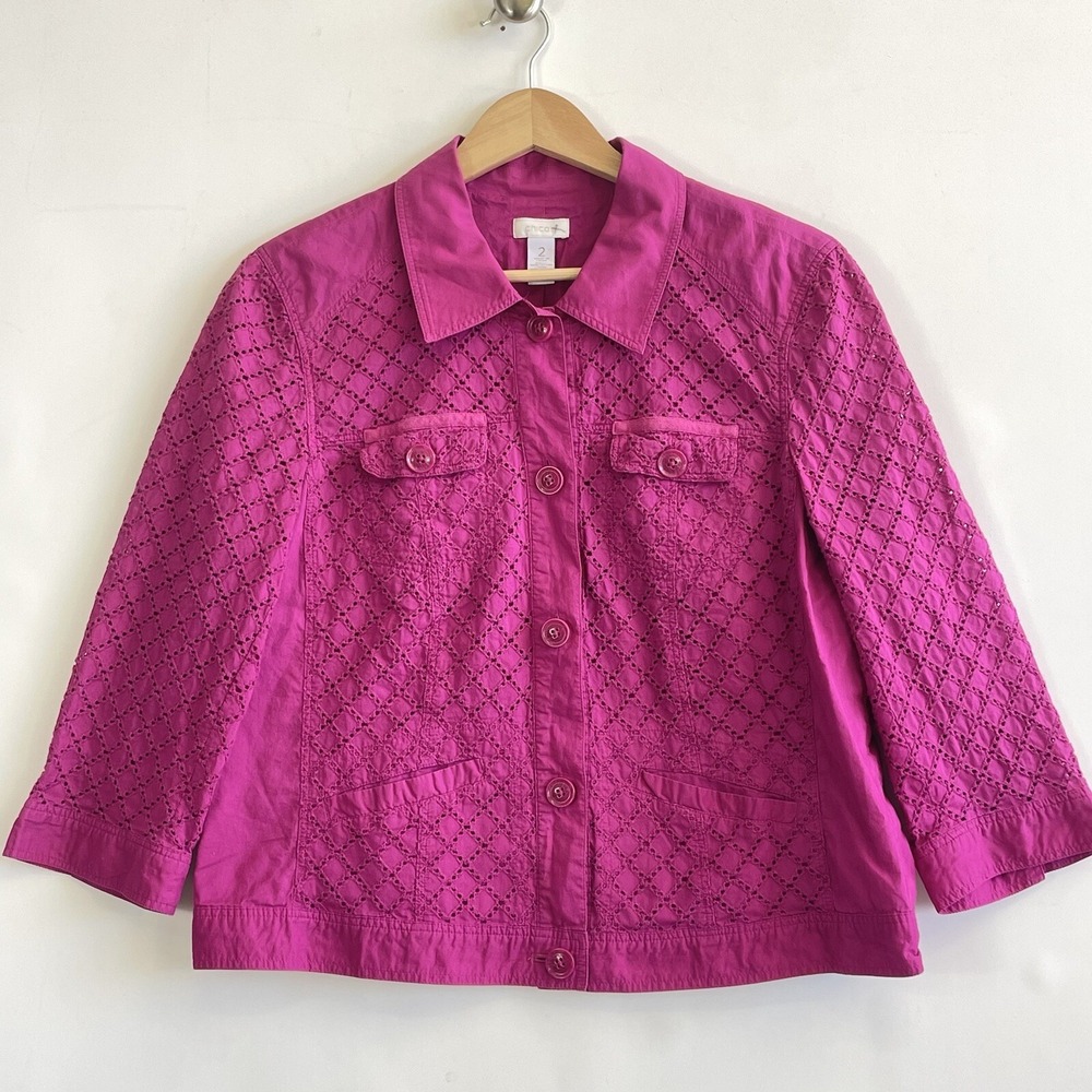 Chicos Eyelet Jacket Womens 2 Large Magenta Embroidered Cottage Coastal Shacket